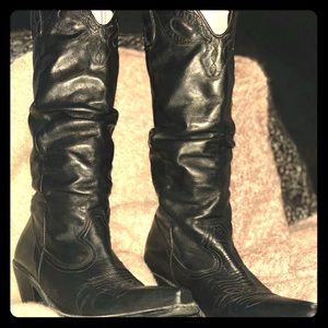 Black leather, mid calf high, cowgirl boots.